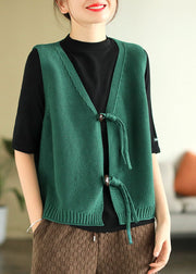 Modern Green V Neck Solid Knit Vest Tops Sleeveless