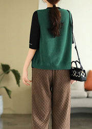 Modern Green V Neck Solid Knit Vest Tops Sleeveless