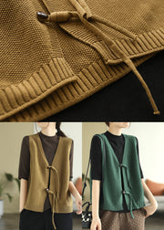 Modern Green V Neck Solid Knit Vest Tops Sleeveless