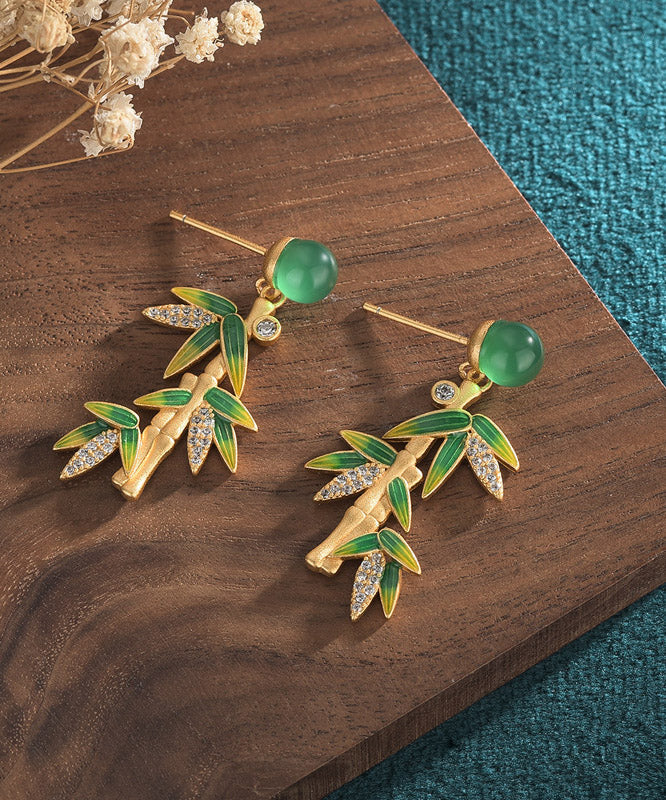 Modern Green Zircon Cloisonne Chalcedony Bamboo Leaf Drop Earrings