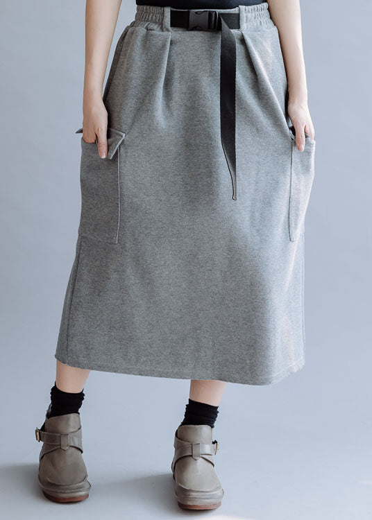 Modern Grey Elastic Waist Solid Pockets Cotton Skirt Fall