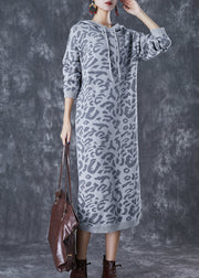 Modern Grey Hooded Leopard Print Knit Pullover Sweatshirt Dress Fall