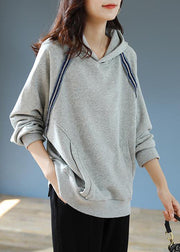 Modern Grey Hooded Pockets Cotton Pullover Sweatshirt Fall