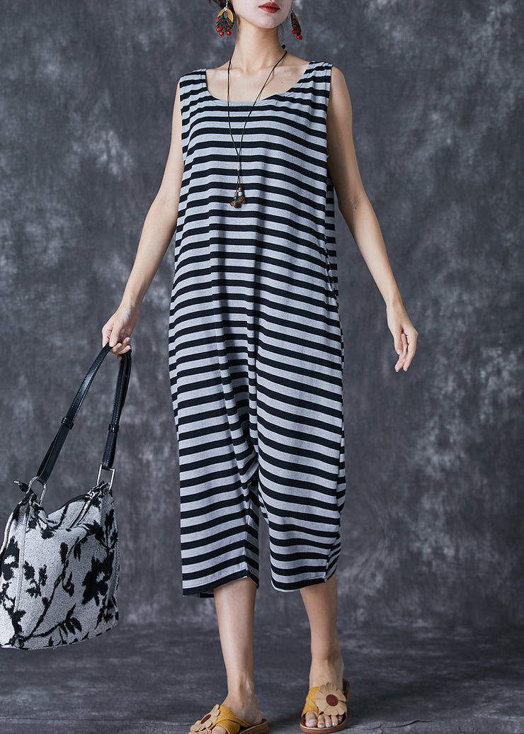 Modern Grey O-Neck Striped Cotton Overalls Jumpsuit Sleeveless