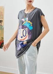 Modern Grey Oversized Cartoon Applique Cotton Vest Tops Sleeveless