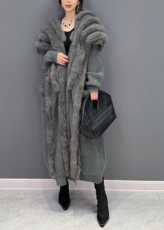 Modern Grey Oversized Patchwork Mink Hair Knitted Loose Cardigan Winter