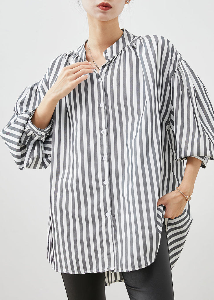 Modern Grey Oversized Striped Cotton Blouses Spring