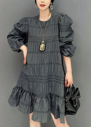 Modern Grey Patchwork Ruffles Cotton Mid Dress Puff Sleeve