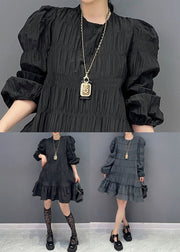 Modern Grey Patchwork Ruffles Cotton Mid Dress Puff Sleeve