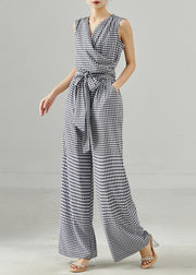 Modern Grey Plaid Tie Waist Cotton Jumpsuit Summer