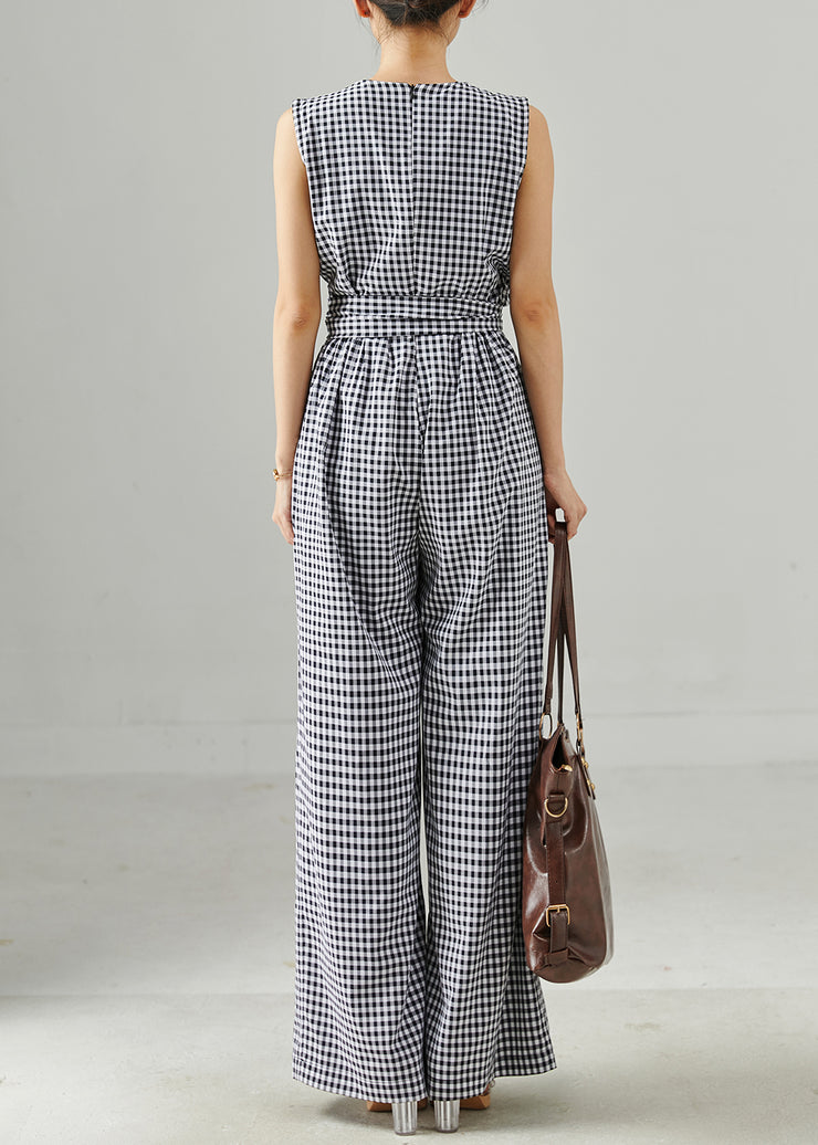 Modern Grey Plaid Tie Waist Cotton Jumpsuit Summer