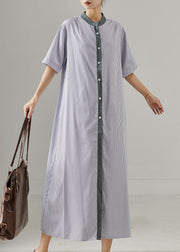 Modern Grey Stand Collar Striped Cotton Shirt Dress Summer