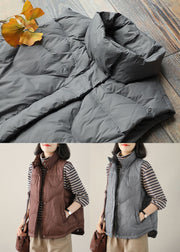 Modern Grey Stand Collar Zip Up Button Duck Down Vest Tops Winter