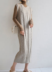 Modern Grey V Neck Cable Long Knit Waistcoat Sweaters Dress Fall