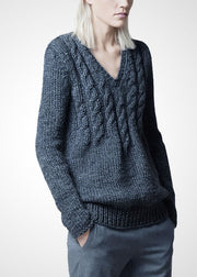 Modern Grey V Neck Chunky Wool Cable Knit Sweaters Winter