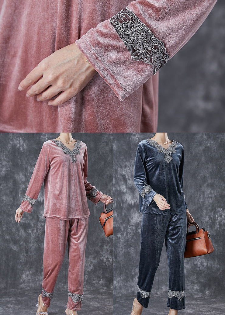 Modern Grey V Neck Lace Patchwork Silk Velour Two Pieces Set Fall