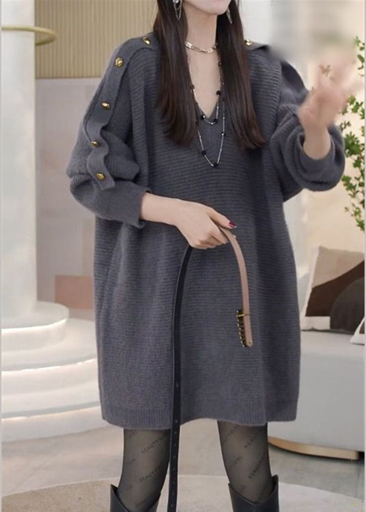 Modern Grey V Neck Metal buttons Knit Sweater Dress Spring