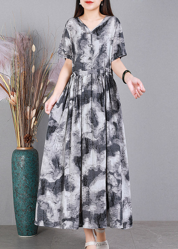 Modern Grey V Neck Print Button Linen Dress Short Sleeve