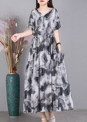 Modern Grey V Neck Print Button Linen Dress Short Sleeve