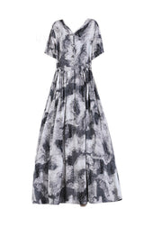 Modern Grey V Neck Print Button Linen Dress Short Sleeve