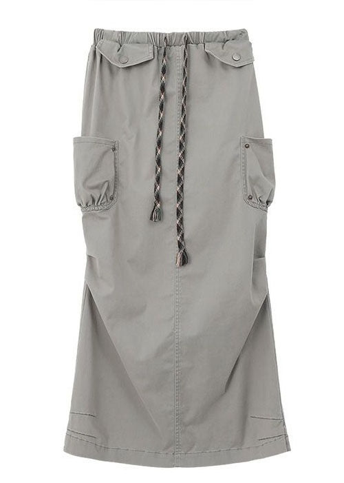 Modern Grey Wrinkled Pockets Drawstring Cotton Skirt Summer