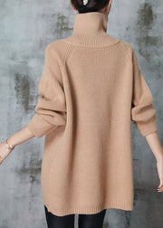 Modern Khaki Asymmetrical Zippered Knit Sweater Tops Spring