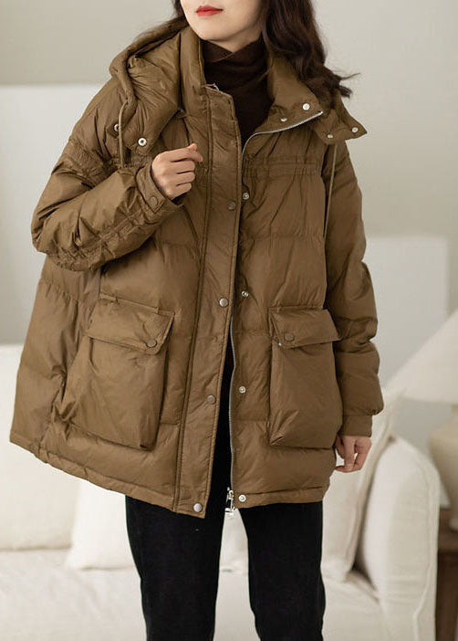 Modern Khaki Hooded Oversized Pockets Duck Down Puffer Jacket Winter