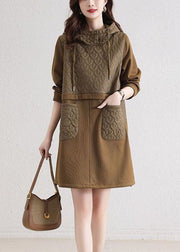 Modern Khaki Hooded Patchwork Pockets Cotton Loose Sweatshirt Dress Spring