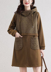 Modern Khaki Hooded Patchwork Pockets Cotton Loose Sweatshirt Dress Spring