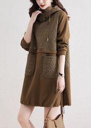 Modern Khaki Hooded Patchwork Pockets Cotton Loose Sweatshirt Dress Spring