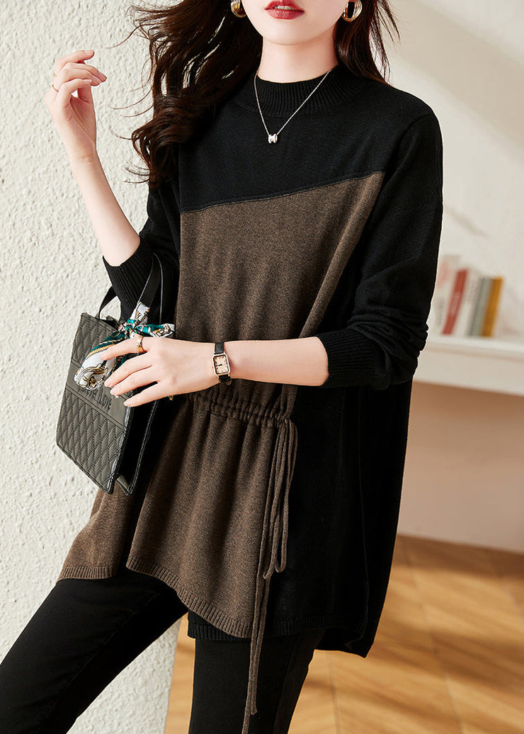 Modern Khaki O Neck Cinched Patchwork Knit Sweater Tops Winter