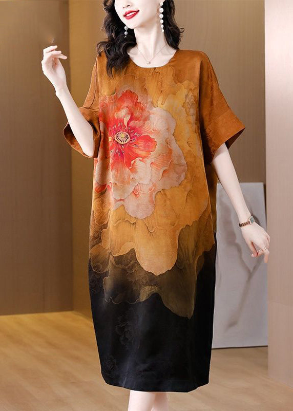 Modern Khaki Oversized Floral Print Silk Dress Summer