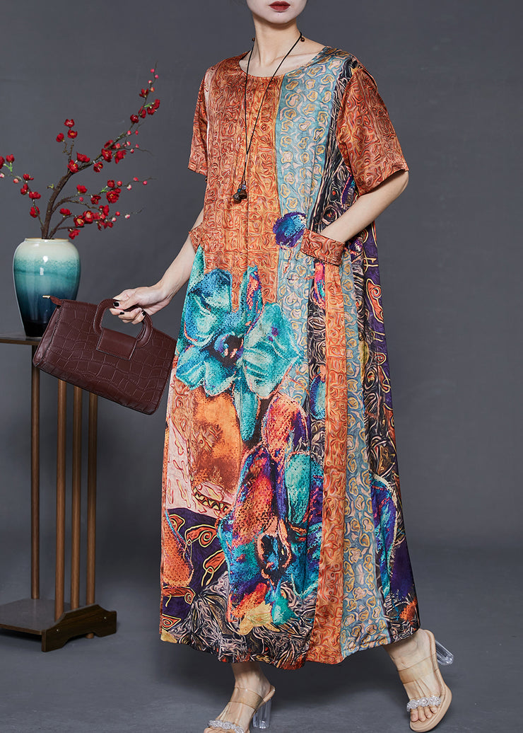 Modern Khaki Oversized Print Silk Maxi Dresses Summer