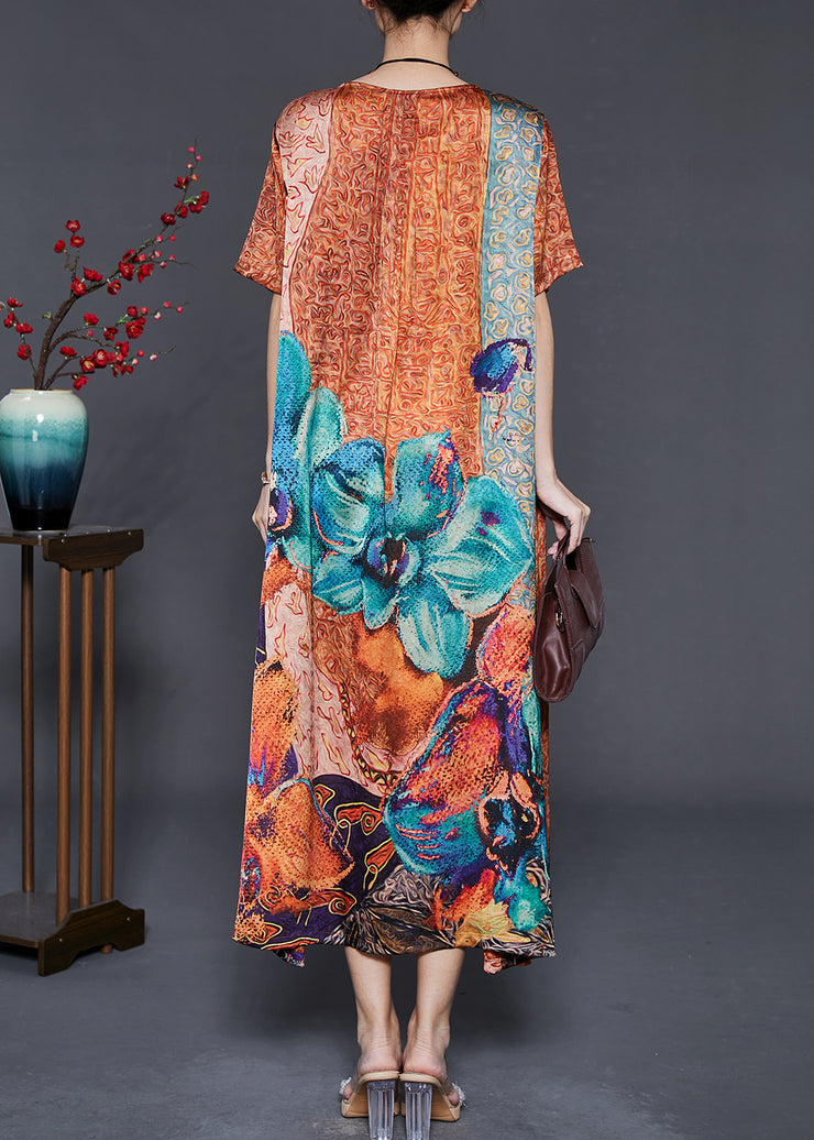 Modern Khaki Oversized Print Silk Maxi Dresses Summer