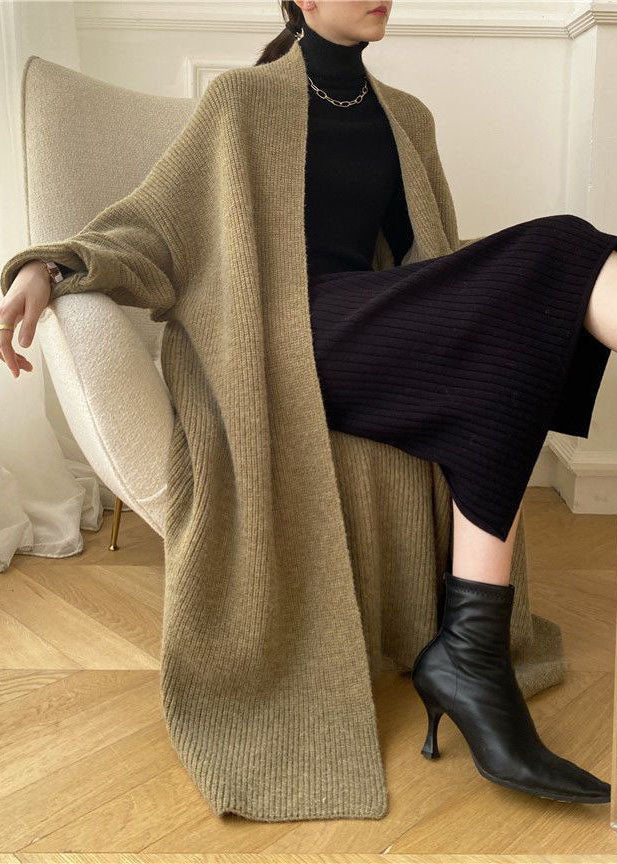 Modern Khaki Oversized Thick Cozy Knit Long Cardigan Spring