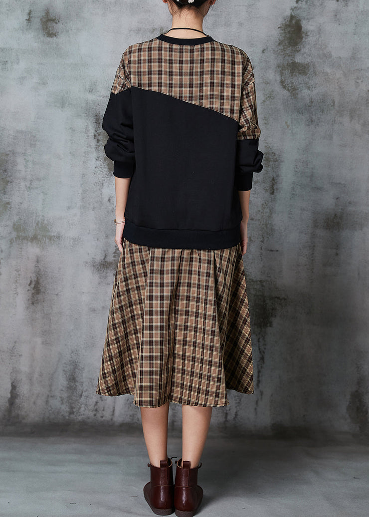 Modern Khaki Plaid Patchwork Cotton Loose Sweatshirts Dress Spring