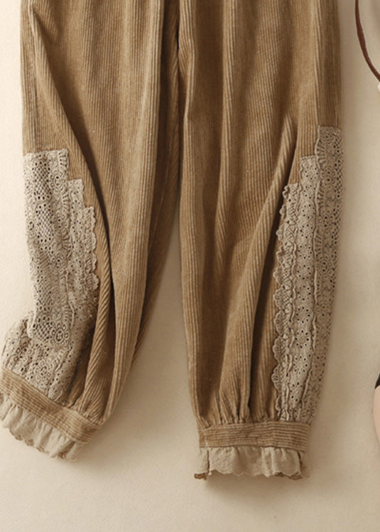 Modern Khaki Pockets Lace Patchwork Elastic Waist Corduroy Pants Summer