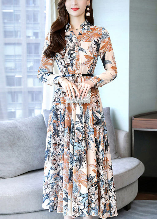 Modern Khaki Print Tie Waist Chiffon Dresses Spring