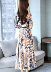 Modern Khaki Print Tie Waist Chiffon Dresses Spring