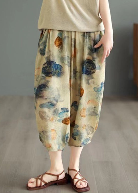 Modern Khaki Print Tie Waist Pockets Ice Silk Crop Pants