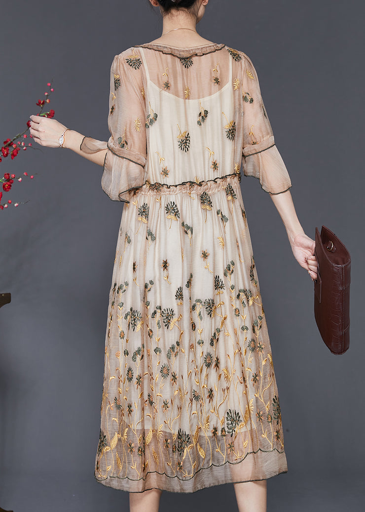 Modern Khaki Ruffled Embroidered Silk Dress Summer