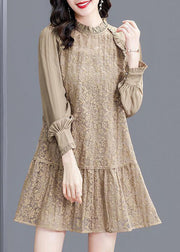 Modern Khaki Stand Collar Patchwork Wrinkled Lace Dress Spring