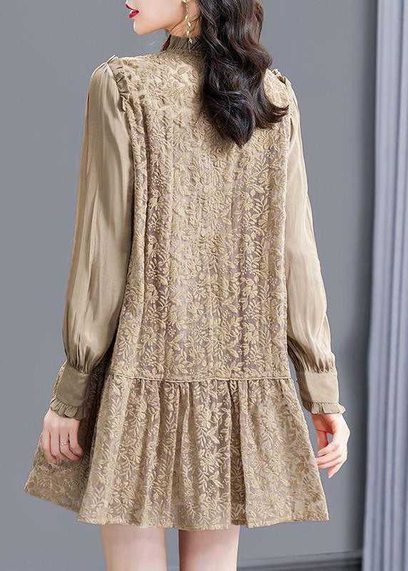 Modern Khaki Stand Collar Patchwork Wrinkled Lace Dress Spring