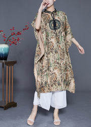 Modern Khaki Stand Collar Print Silk Dresses Batwing Sleeve