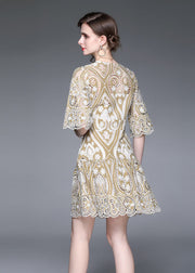 Modern Khaki V Neck Embroideried Hollow Out Lace Dress Flare Sleeve