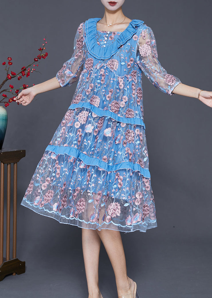 Modern Lake Blue Ruffled Patchwork Embroidered Tulle Dress Summer