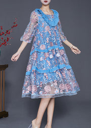 Modern Lake Blue Ruffled Patchwork Embroidered Tulle Dress Summer