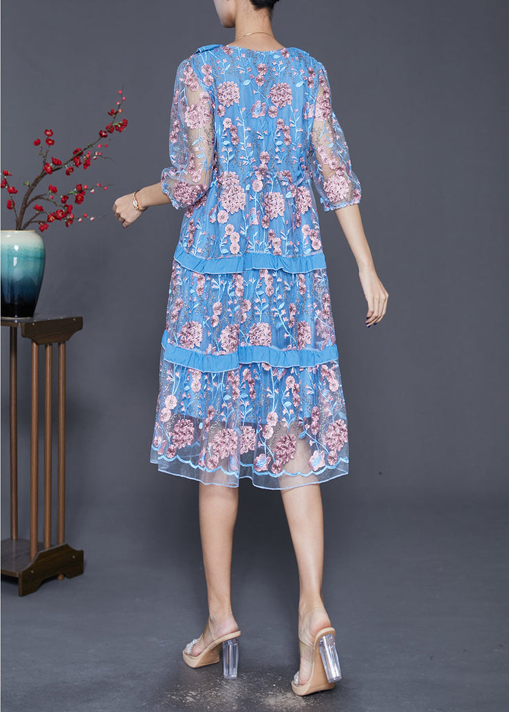 Modern Lake Blue Ruffled Patchwork Embroidered Tulle Dress Summer