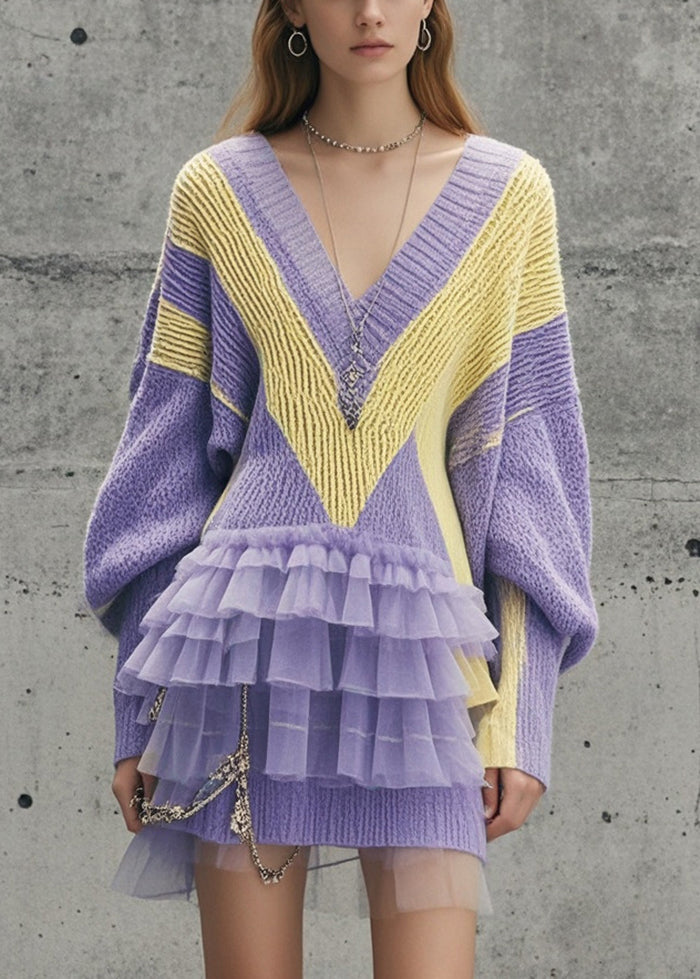 Modern Lavender V Neck Patchwork Tulle Long Sweater Fall