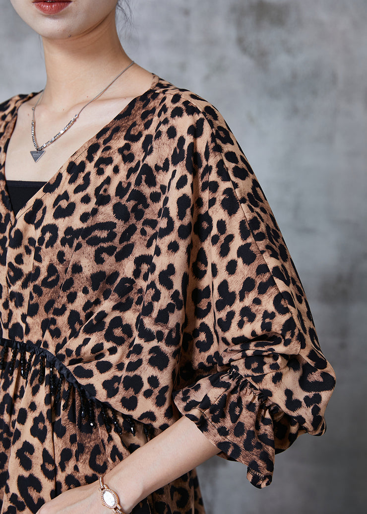 Modern Leopard Print Cinched Exra Large Hem Chiffon Tops Fall